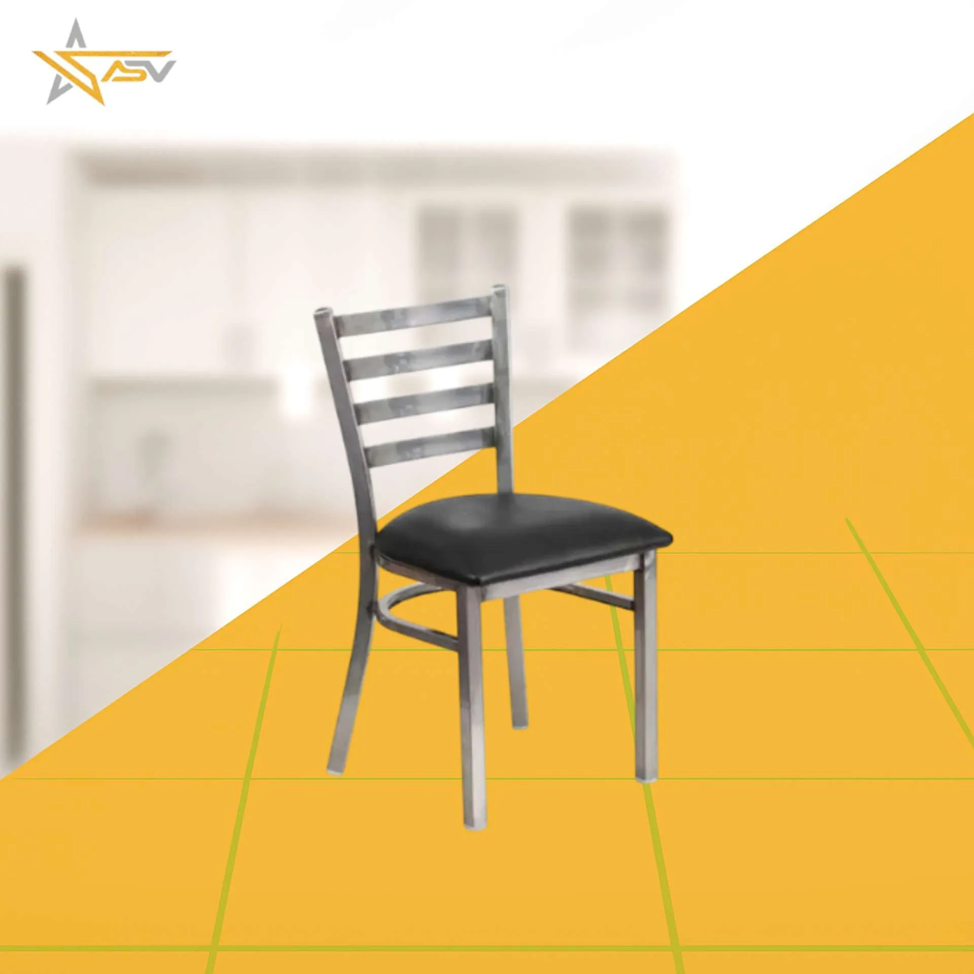 SS Slatted Back Chair with Black Square Cushion